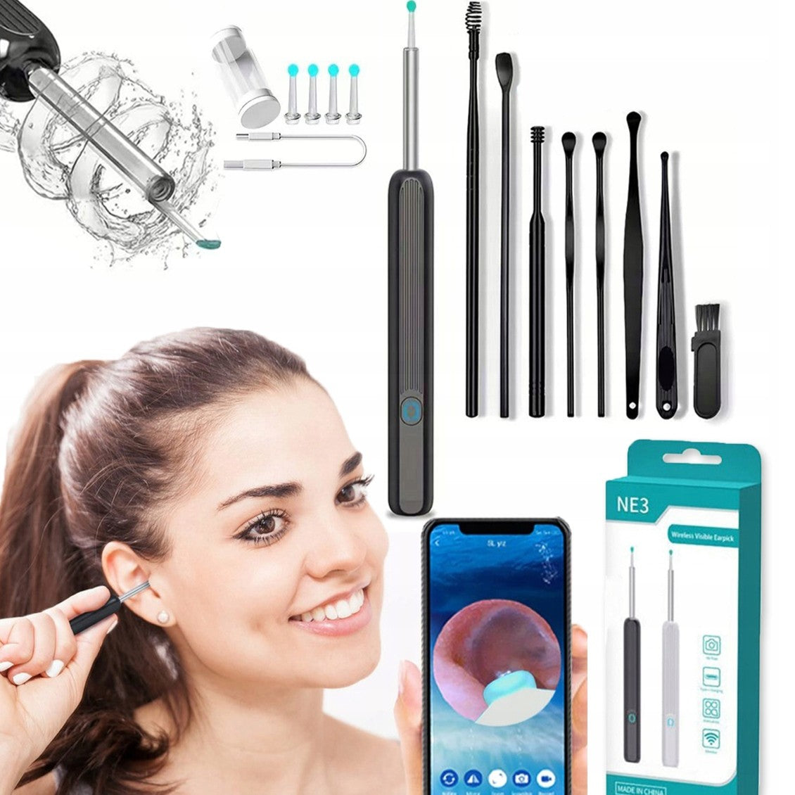 Kit de nettoyage des oreilles intelligents sans fil avec caméra et lumière LED NE3 -  جهاز مزود بكاميرا و ضوء لتنظيف الأذن و فحص الأسنان